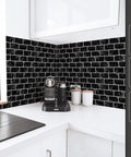 Kitchen with Peel And Stick Kitchen Backsplash Tiles In Shiny Black 30 By 30 Cm Self Adhesive Wall Tiles, coffee machine on counter.