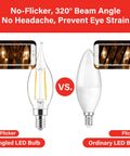 Comparison of Dimmable 40 Watt Equivalent CA10 Flame Tip LED Candle Bulb vs ordinary LED bulb showing no-flicker feature