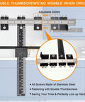 Pro Grade All Metal Cabinet Hardware Jig showing adjustable sliders and double thumbscrews for wobble-free drilling on a kitchen cabinet.