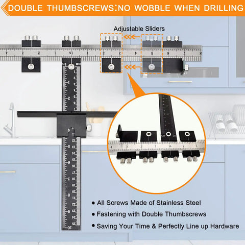 Pro Grade All Metal Cabinet Hardware Jig showing adjustable sliders and double thumbscrews for wobble-free drilling on a kitchen cabinet.
