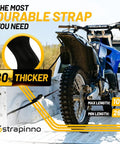 Auto Self Retracting Ratchet Straps 1in x 10ft, 1,500 Lbs Break Strength securing blue motorcycle in truck bed