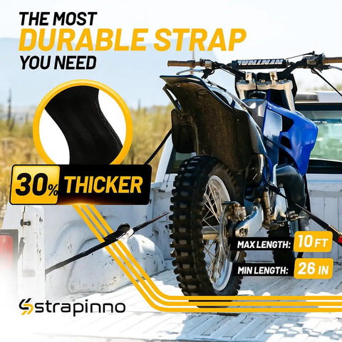 Auto Self Retracting Ratchet Straps 1in x 10ft, 1,500 Lbs Break Strength securing blue motorcycle in truck bed