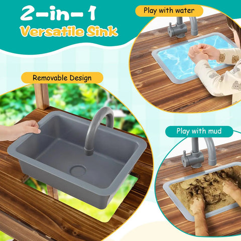 Outdoor Mud Kitchen For Kids With Canopy Wooden Pretend Play Kitchen Chalkboard Four Stoves Removable Sink Close-Up