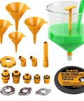 Shop Grade No Drip Coolant Funnel Kit With 19 Universal Radiator Burping And Bleeder Tools, featuring yellow funnels and clear measuring funnel.