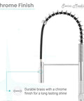 Chalet Single-Handle Pull-Down Kitchen Faucet In Chrome With Solid Brass Construction, close-up of spout and flexible hose