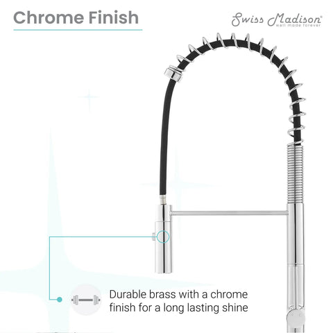 Chalet Single-Handle Pull-Down Kitchen Faucet In Chrome With Solid Brass Construction, close-up of spout and flexible hose