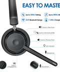 Bluetooth Headset With AI Noise Canceling Microphone showing controls, USB-C port, and features for easy use and comfort.