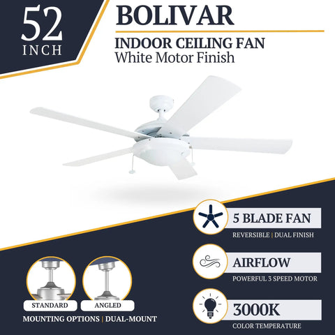 52 Inch Modern LED Ceiling Fan With Light, Pull Chain, Dual Mounting Options, Reversible Motor, Dual Finish Blades, White Finish