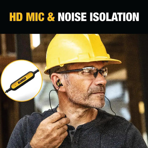 Man wearing Heavy Duty USB C Earbuds For Jobsite With Microphone And Volume Control Rugged Corded Headphones IP56 Dust And Water Resistant