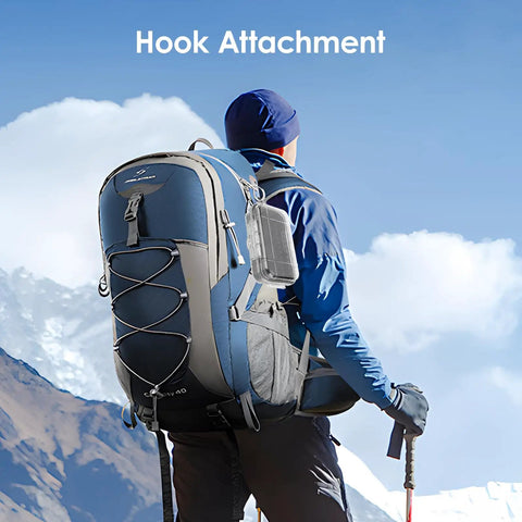 Man hiking with waterproof storage case for outdoor gear and survival kits shockproof dry box with airtight seal attached to backpack.