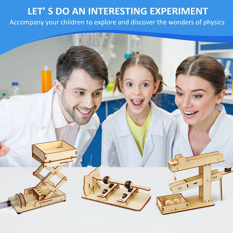 6 In 1 STEM Kit For Kids Ages 6-13, Hands-On Science Building Projects, adults and child with 3D wooden puzzles displayed