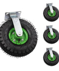 Heavy Duty 10 Inch Pneumatic Caster Wheels With Killer Knobby Tread, Four Piece Kit Including Two Swivel And Two Rigid Casters, Massive 661 Pound Weight Rating For Utility Carts And Tool Chests, Moves Like Butter - close-up of a swivel caster wheel with green rim.