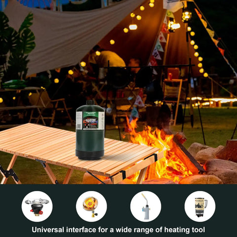 16.4 Oz Propane Replacement Cylinders Pack Of 4 For Camping Stoves And Outdoor Gear on table with campfire background