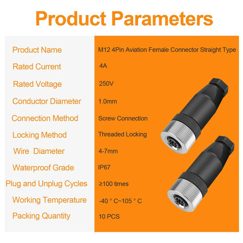 Product parameters of 10 Pack M12 4 Pin Aviation Connector Female A Code IP67 Waterproof Field Assembly Plug