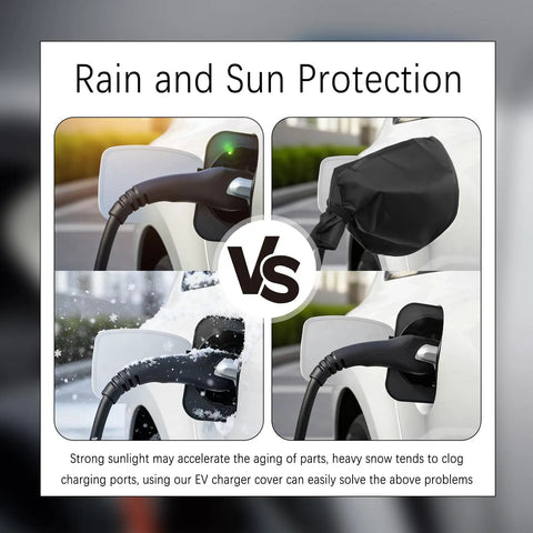 Badass Waterproof EV Charger Cover With Dual Magnetic Strips For Sun And Rain Defense Universal Fit For All Electric Cars, showing protection from rain and sun.