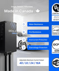 Duo Connect 40 Amp Level 2 EV Charger With 9.6 kW Output UL Listed wall-mounted charger with water and fire resistance icons.