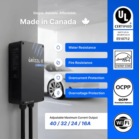 Duo Connect 40 Amp Level 2 EV Charger With 9.6 kW Output UL Listed wall-mounted charger with water and fire resistance icons.