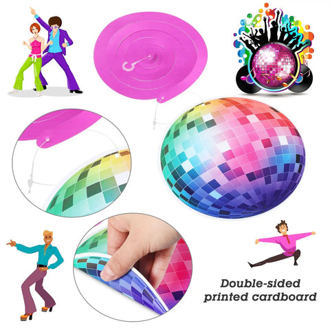 53 Piece 70s Disco Party Decorations Kit With Hanging Swirls And Disco Ball Cutouts, colorful design close-up view