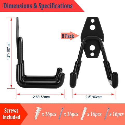 8 Pack Hang All Your Gear Heavy Duty Garage Hooks Wall Mount Set For Ladders Garden Tools Bikes And More Steel Utility Organizer With Non Slip Rubber Coating Easy Install Durable Tool Storage System side view with dimensions and screws included