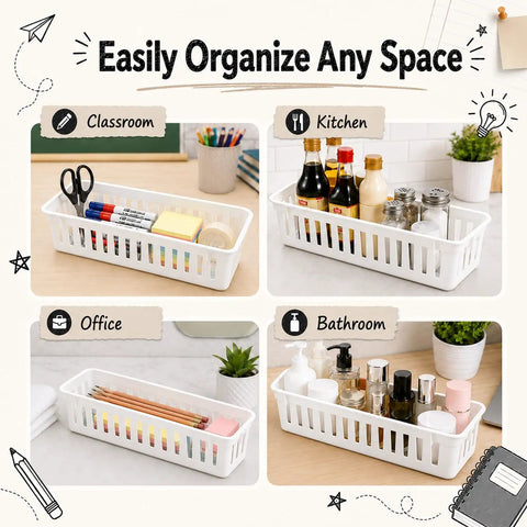 12 Piece Desk Pencil Holder Set, White Pen Tray Organizer For Kids And Students with pens, pencils, and office supplies