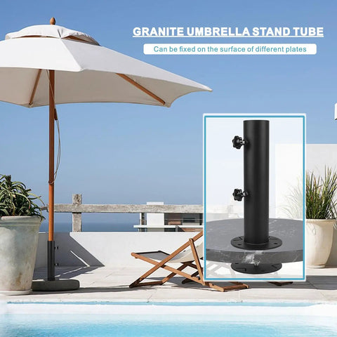All Weather Granite Outdoor Umbrella Stand Tube Universal Base For Granite Cement Marble Slab Boards Replacement Table Umbrella Tube Bracket Adjustable For 1 To 2 Inch Poles next to poolside with umbrella and stand detail inset