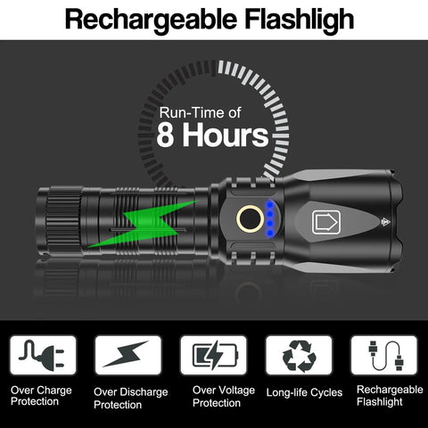 Ultra Bright 150000 Lumens Rechargeable LED Flashlight With Zoomable Beam Five Modes Waterproof Tactical Handheld Light display.
