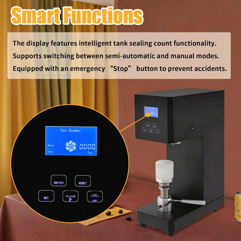 Hella Durable Commercial Soda Can Sealer With Automatic Operation And Smart Led Display showing control panel with buttons and screen.