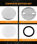 Complete button set showing metal top, matte metal bottom shell, transparent films, and adapting rubber ring for custom badges.