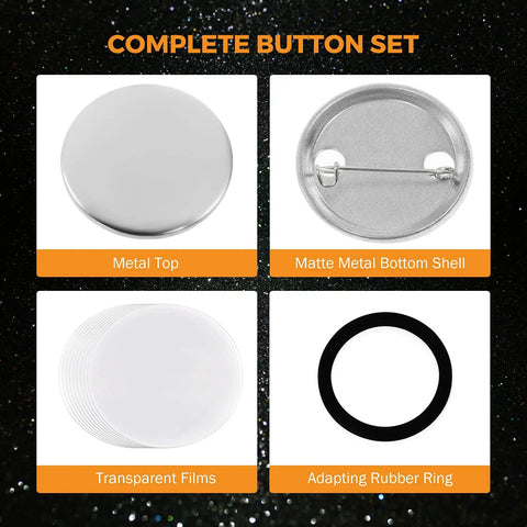Complete button set showing metal top, matte metal bottom shell, transparent films, and adapting rubber ring for custom badges.