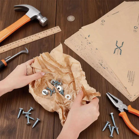 60 Sheets Anti Corrosion Paper 12x12 Inch VCI Rust Proof Packaging For Metal Parts Storage Electronics And Musical Equipment Great For Gear And Small Parts Protection, kraft sheet with screws
