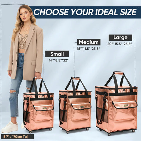 Reusable Grocery Bags On Wheels Rolling Tote Bag With Large Capacity And Durable Double Layer PP Material For Easy Cleaning Includes Standalone Trolley Backpack Style Carts For Groceries 16 By 11.5 By 23.5 Inches Black, size comparison with model