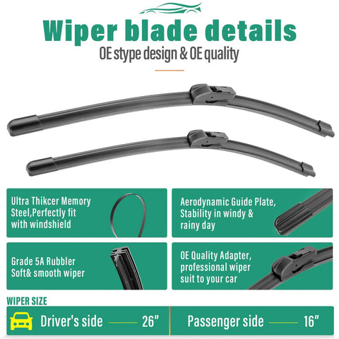 Premium Windshield Wiper Blades For Chevrolet Trax 2024 Through 2026 featuring 26" driver's and 16" passenger side blades with aerodynamic design.