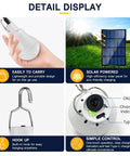 Detail display of solar LED light bulbs features including portability, solar panel, hook, and controls for easy use.