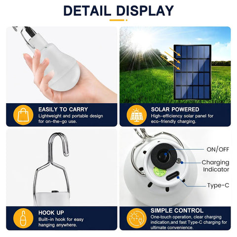 Detail display of solar LED light bulbs features including portability, solar panel, hook, and controls for easy use.