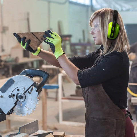 Woman wearing Six Piece Kids Noise Reduction Earmuffs And Hearing Protection Headphones Adjustable Padded Defender in green