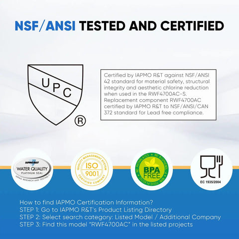 NSF/ANSI certification details for Replacement Refrigerator Water Filter Four Pack For LG LT1000P ADQ747935 9980 Kenmore.