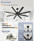 Beefy 72 Inch Black Ceiling Fan With Remote No Light Quiet DC Motor Industrial Indoor Outdoor With 8 Aluminum Blades