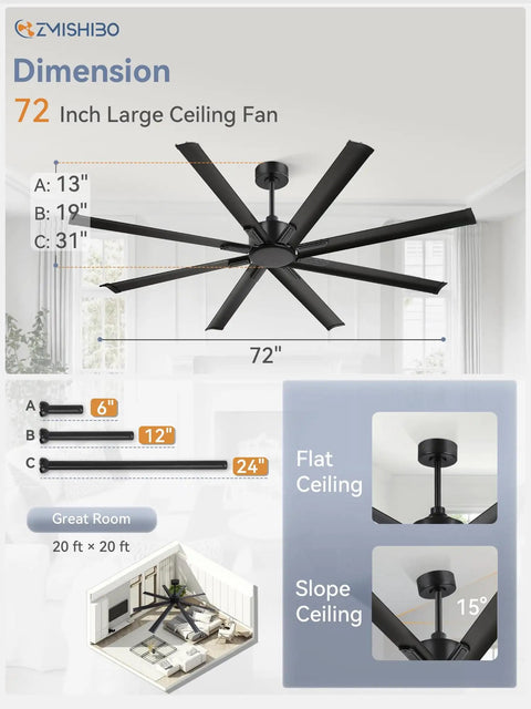 Beefy 72 Inch Black Ceiling Fan With Remote No Light Quiet DC Motor Industrial Indoor Outdoor With 8 Aluminum Blades