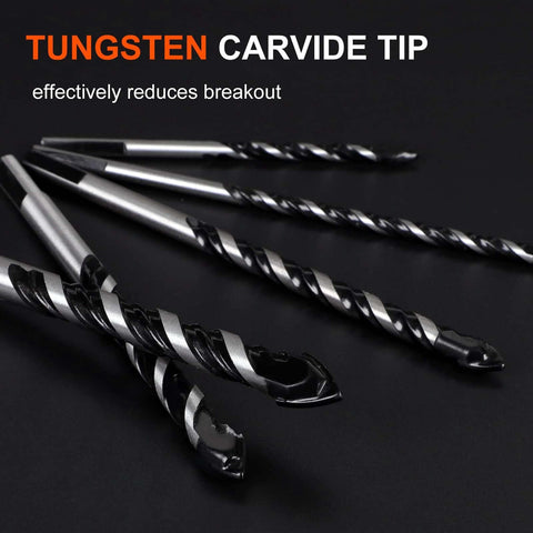 Ten-piece masonry drill bit set with tungsten carbide tips, 1/8–1/2 inch sizes for concrete, cement, tile, brick.