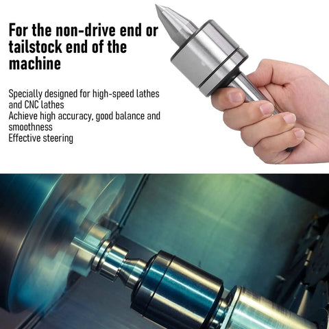 0.01mm Precision Live Center For Wood Lathe Tooling With 40Cr Steel Core And 60 Degree Tip, shown in hand and installed on CNC lathe