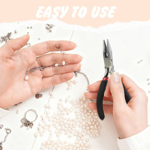 DIY Jewelry Repair Kit With 1400 Pcs Assorted Jump Rings In Silver And Gold, Includes Pliers, Necklace Clasps, Tweezers And Opener For Quick Repairs, Crafting And Keychain Making Supplies being used to fix a necklace