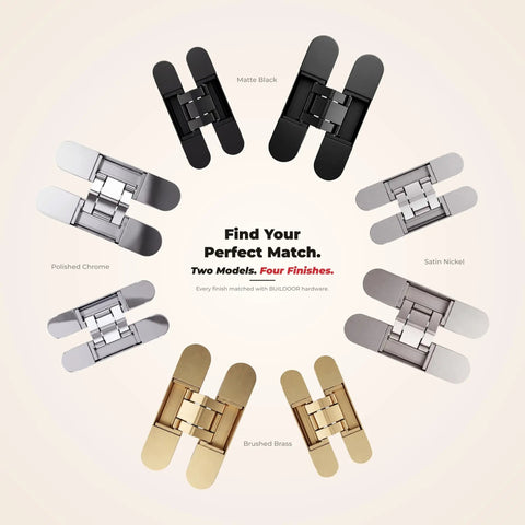 Sleek Concealed Door Hinges In Satin Nickel Finish Featuring A Zero Gap Flush Mount Design With Full Mortised Installation showcased in four finishes.
