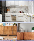Modern kitchen and wooden cabinet setup with Two Pack Matte Gold Bifold Closet Door Knobs, Round Cabinet and Drawer Knobs for Wardrobe.