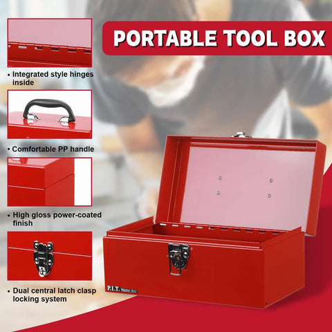 No Cap Heavy Duty Metal Tool Box With Secure Latch Lock, Portable 12 Inch Steel Storage Case For Job Sites And Backyard Builds, Durable Powder Coated Shell In Bold Red with PP handle and integrated hinges.