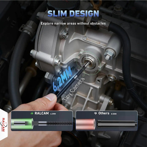 360 Degree Articulating Borescope With Slim 6.2mm Probe For Tight Spaces, Four Way Flexible Inspection Camera To Reach Tight Passages, Navigate Like A Pro In Automotive, Plumbing, And Machinery Tasks, showing slim probe in engine