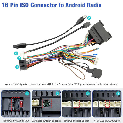 44Pin Android Car Stereo Wiring Harness Kit For Chevrolet Malibu Trax Cruze Aveo Orlando 2012 2016 16Pin ISO Connector With Factory USB Adapter Antenna Cable No Canbus AMP Function, showing connectors and cables