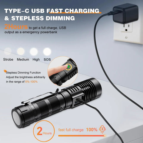 Rechargeable Tactical Flashlight With Long Range Beam Up To 1500 Meters USB Zoomable LED Spotlight Magnetic Base