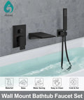 Waterfall Wall Mount Tub Faucet Set With Handheld Sprayer Matte Black Finish Single Handle Tub Filler Solid Brass Construction