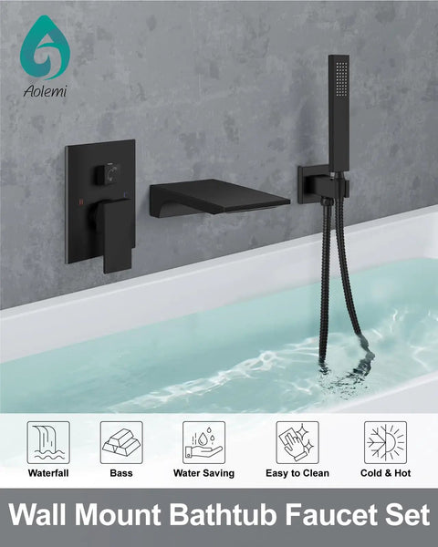 Waterfall Wall Mount Tub Faucet Set With Handheld Sprayer Matte Black Finish Single Handle Tub Filler Solid Brass Construction