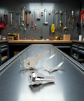 Silver Universal Toolbox Lock With 180 Degree Rotation Unlocking, Heavy Duty Metal Drawer And Cabinet Lock Set on workbench